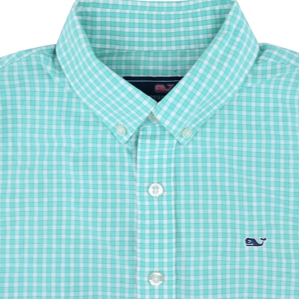 100% Cotton Vineyard Vines Whale Shirt Boys Large 16 Mint Green Gingham Plaid